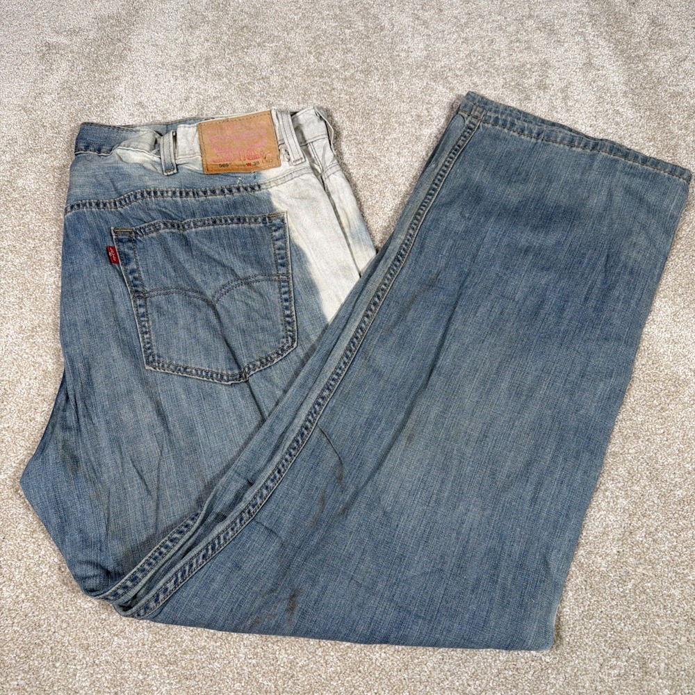 Levis 569 Thrashed Blue Jeans Mens 38 X 32 (FITS 40 X 32) STAIN BLEACH‎ HOLES